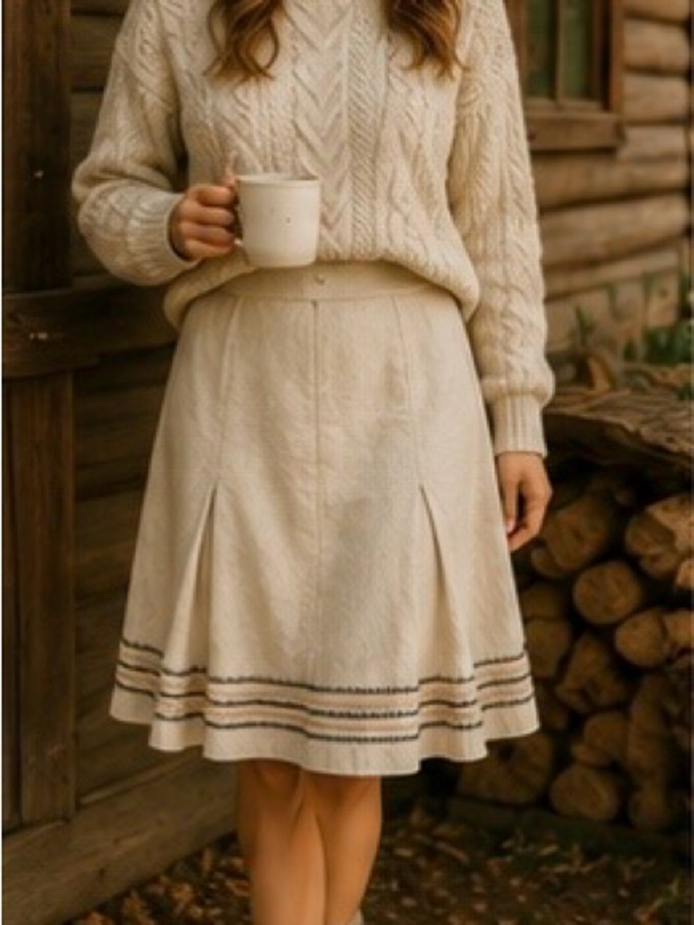 Linen Blend Embroidered A-Line Skirt Beige Whipstitch Trim Size 2